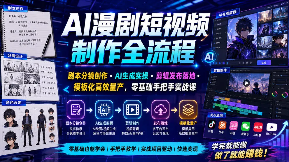 AI漫剧短视频制作全流程|剧本分镜创作・AI生成实操・剪辑发布落地・模板化高效量产,零基础手把手实战课 - 网创在线