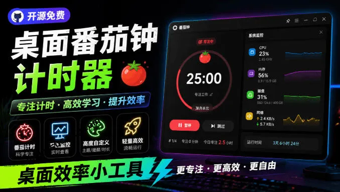 仅1.16MB,开源极简的桌面时钟、番茄钟计时器,还支持系统监控显示,桌面效率小工具Catime - 网创在线
