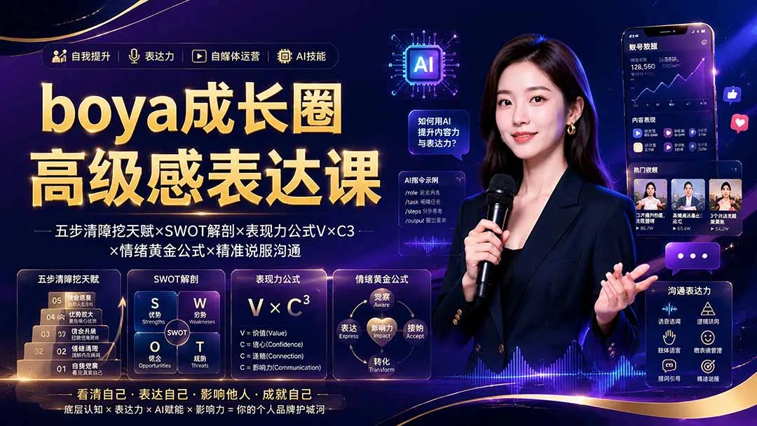 boya成长圈｜内心成长高级表达AI自媒体三合一，消解内耗挖掘天赋，镜头沟通AI指令短视频全流程教学 - 网创在线