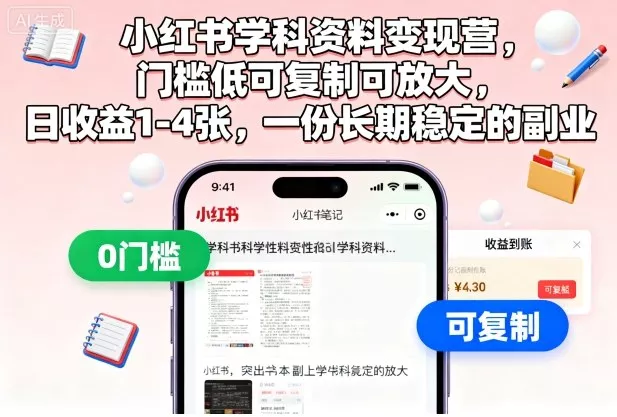 小红书学科资料变现营，门槛低可复制可放大，日收益1-4张，一份长期稳定的副业 - 网创在线