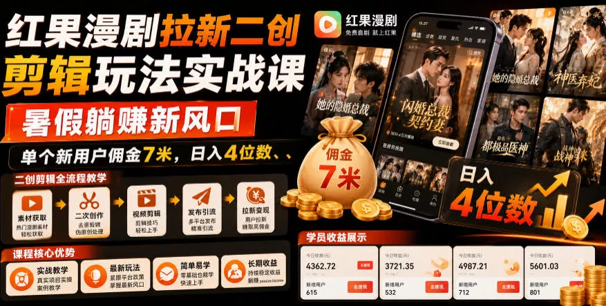 红果漫剧拉新二创剪辑玩法实战课，暑假躺賺新风口，单个新用户佣金7米，日入4位数 - 网创在线