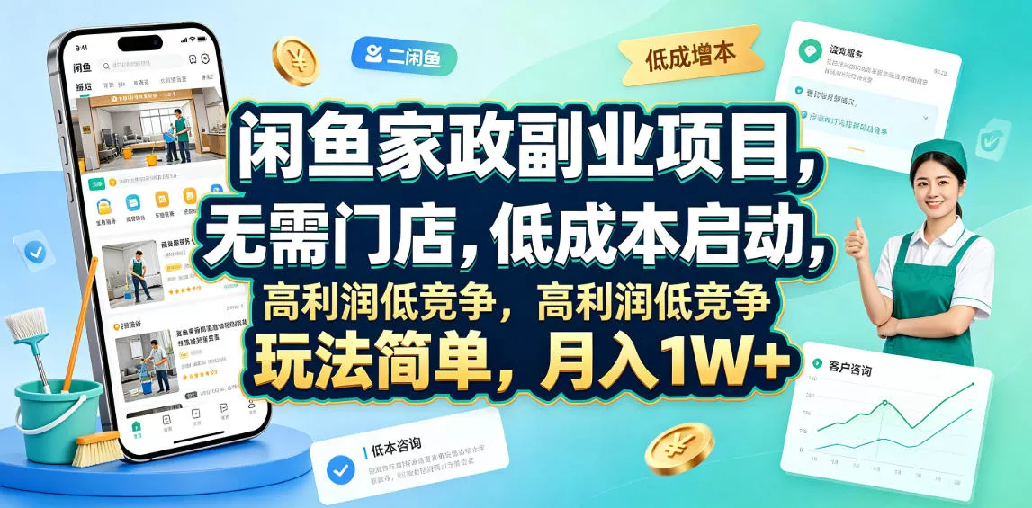 闲鱼家政副业项目，无需门店，低成本启动，高利润低竞争，玩法简单，月入1W+ - 网创在线