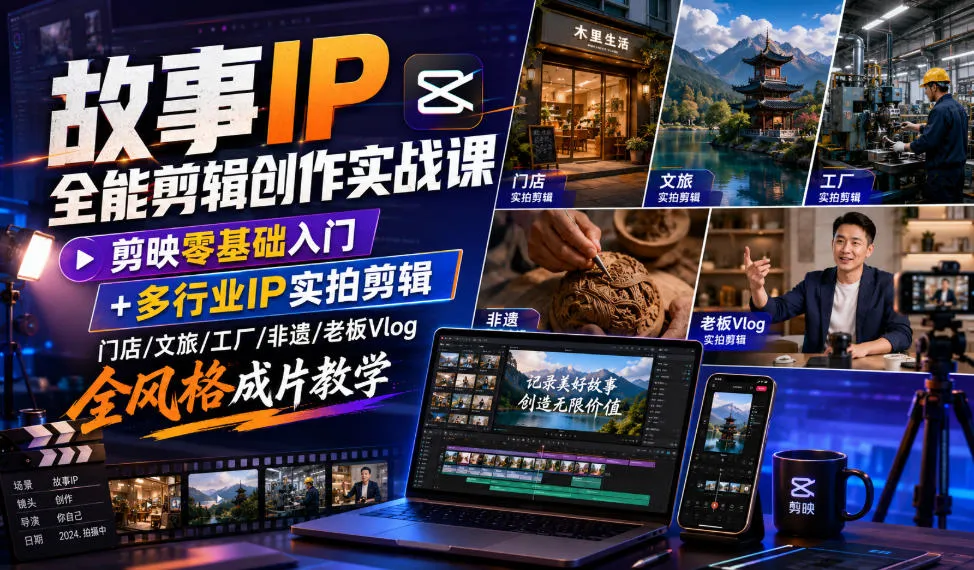 故事IP全能剪辑创作实战课｜剪映零基础入门+多行业IP实拍剪辑，门店/文旅/工厂/非遗/老板Vlog全风格成片教学 - 网创在线
