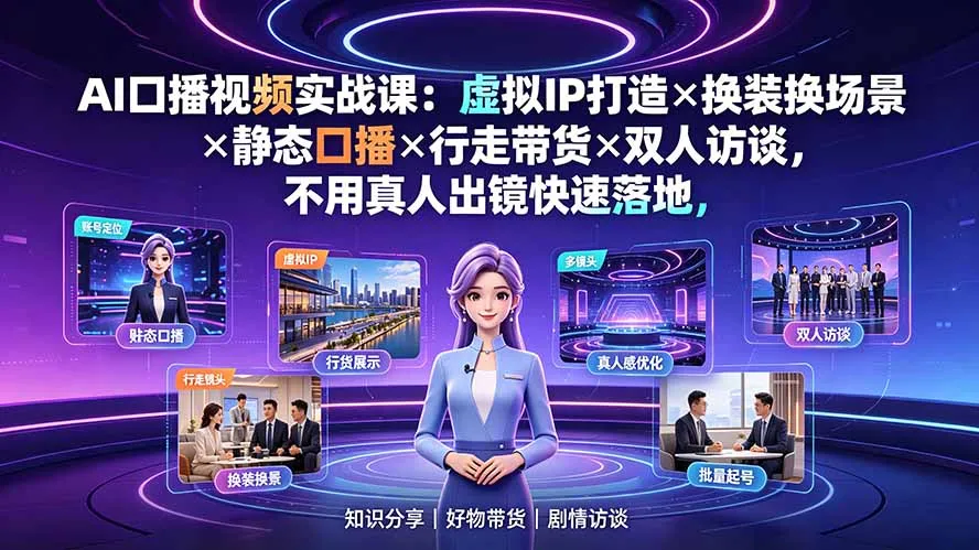 AI口播视频实战课：虚拟IP打造×换装换场景×静态口播×行走带货×双人访谈，不用真人出镜快速落地 - 网创在线
