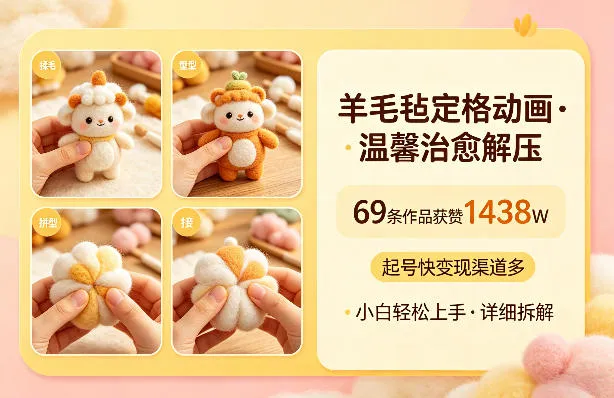 羊毛毡定格动画，温馨治愈解压，69条作品获赞1438W，起号快变现渠道多，小白轻松上手，详细拆解 - 网创在线