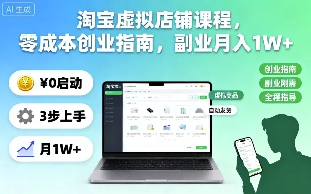 淘宝虚拟店铺课程，零成本创业指南，副业月入1W+ - 网创在线
