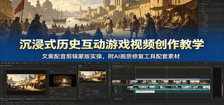 沉浸式历史互动游戏视频创作教学：文案配音剪辑蒙版实操，附AI画质修复工具配套素材 - 网创在线