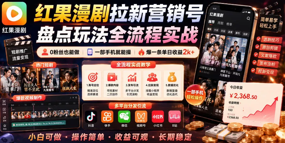 红果漫剧拉新营销号盘点玩法全流程实战，0粉丝也能做，一部手机就能做，爆一条单日收益2k+(更新0628) - 网创在线