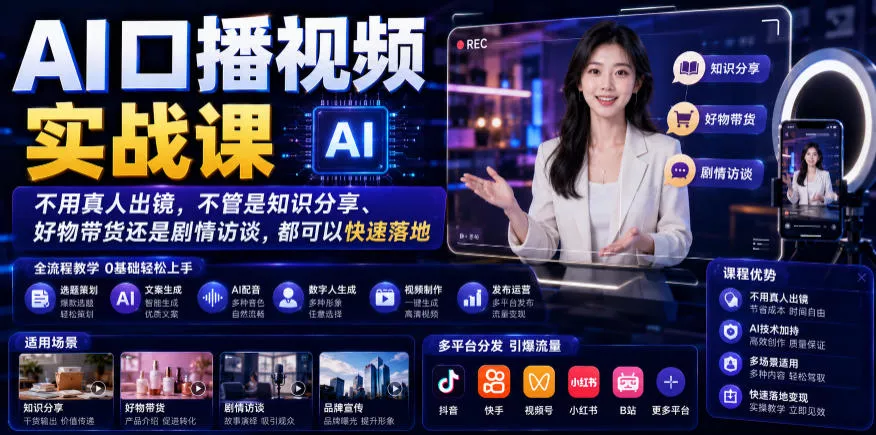 AI口播视频实战课，不用真人出镜，不管是知识分享、好物带货还是剧情访谈，都可以快速落地 - 网创在线