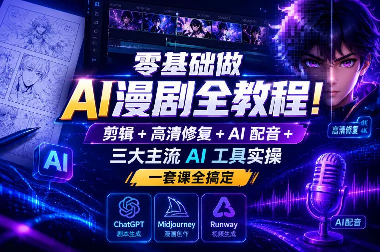 零基础做AI漫剧全教程！剪辑+高清修复+AI配音+三大主流AI工具实操，一套课全搞定 - 网创在线