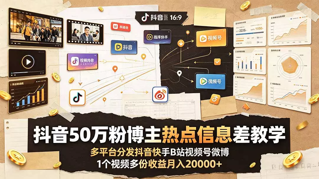 抖音50万粉博主热点信息差教学：多平台分发抖音快手B站视频号微博，1个视频多份收益月入20000+ - 网创在线