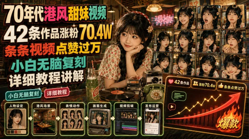70年代港风甜妹视频,42条作品涨粉70.4W,条条视频点赞过万,小白无脑复刻,详细教程讲解 - 网创在线
