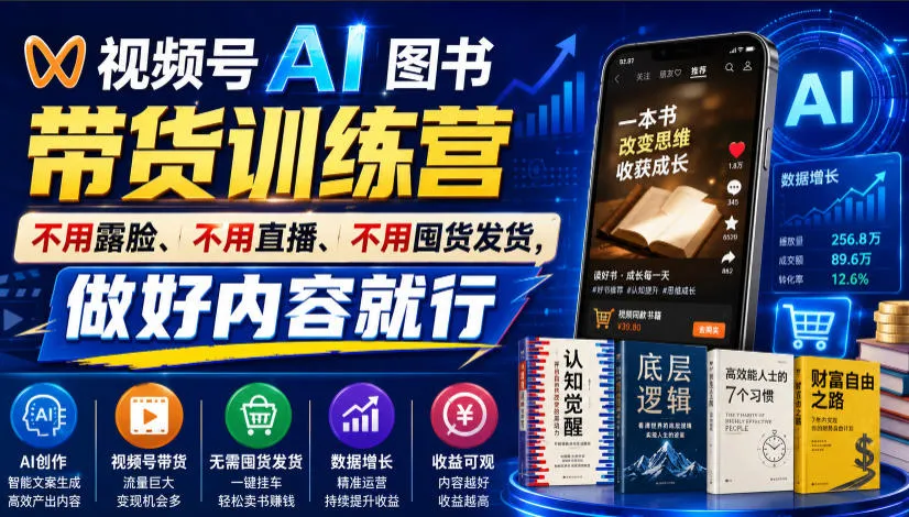 视频号AI图书带货训练营,不用露脸、不用直播、不用囤货发货,做好内容就行,一条爆款视频佣金8942 - 网创在线