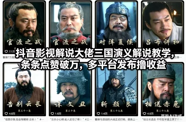 抖音影视解说大佬三国演义解说教学，条条点赞破万，多平台发布撸收益 - 网创在线