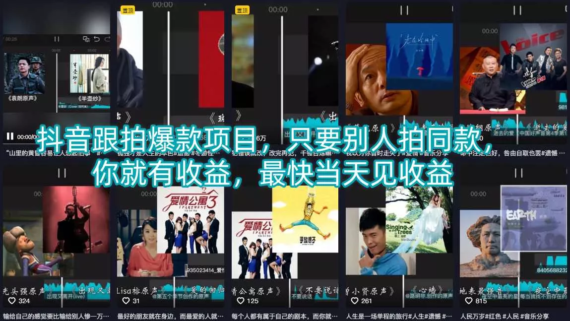 抖音跟拍爆款项目，只要别人拍同款，你就有收益，最快当天见收益 - 网创在线