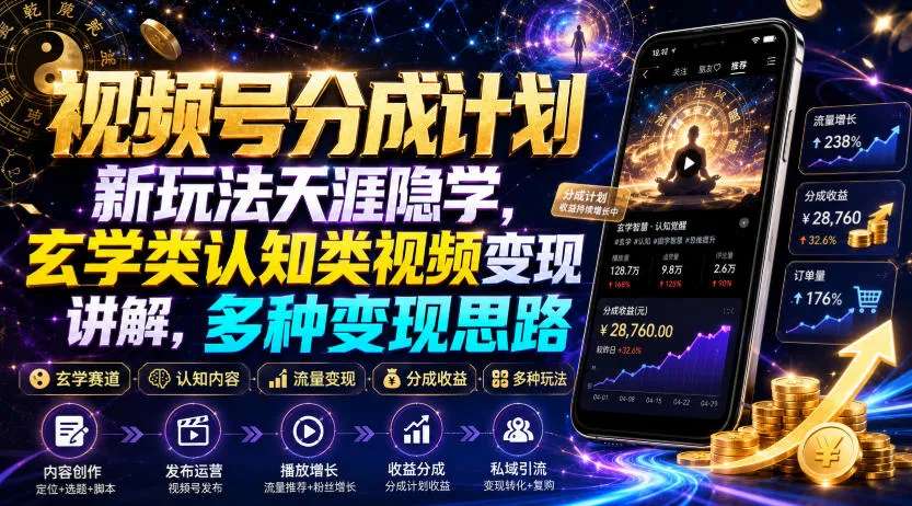 视频号分成计划新玩法天涯隐学，玄学类认知类视频变现讲解，多种变现思路 - 网创在线