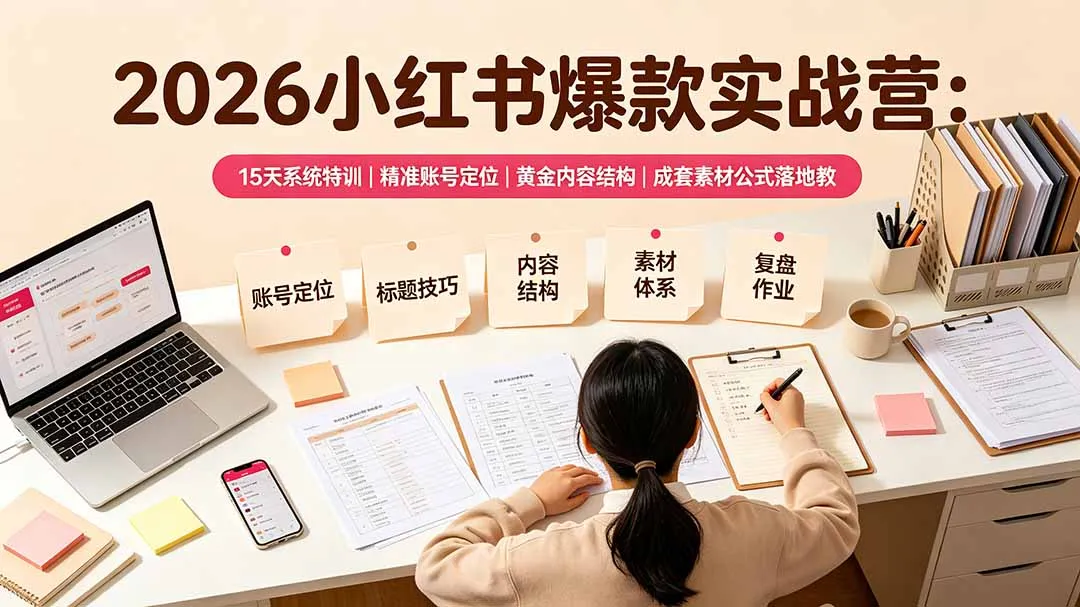 2026小红书爆款实战营：15天系统特训｜精准账号定位｜黄金内容结构｜成套素材公式落地教程 - 网创在线