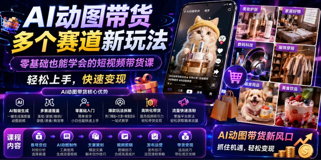 AI动图带货多个赛道新玩法，零基础也能学会的短视频带货课，轻松上手，快速变现 - 网创在线