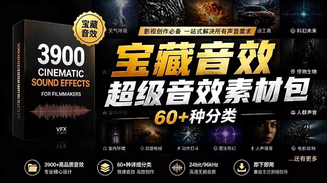 宝藏音效合集包！60+多种音效分类，共计3900个，分类清晰，全中文分类，高品质剪辑音效素材包 - 网创在线
