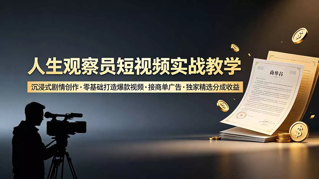 人生观察员短视频实战教学，沉浸式剧情创作，零基础打造爆款视频，接商单广告，独家精选分成收益 - 网创在线