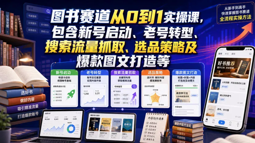 图书赛道从0到1实操课,包含新号启动、老号转型、搜索流量抓取、选品策略及爆款图文打造等 - 网创在线