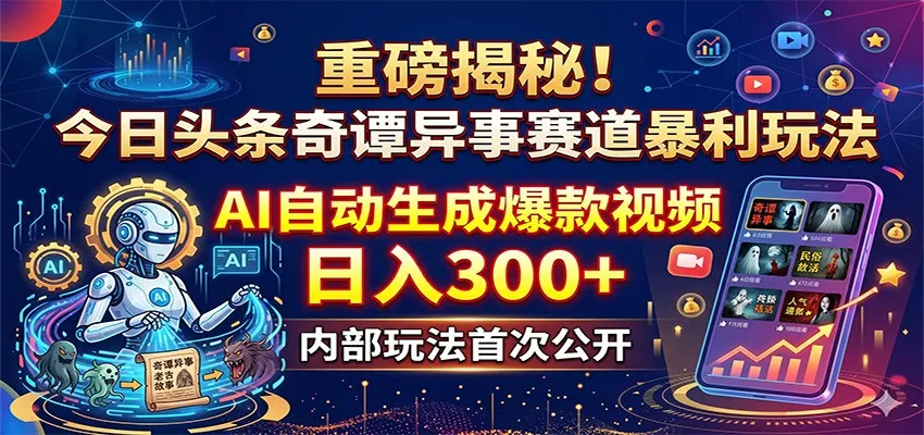重磅揭秘！今日头条奇谭异事赛道暴利玩法：AI自动生成爆款视频，日入300+ - 网创在线