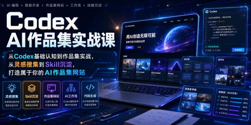 Codex AI作品集实战课，从Codex基础认知到作品集实战，从灵感搜集到Skill沉淀，打造属于你的AI作品集网站 - 网创在线