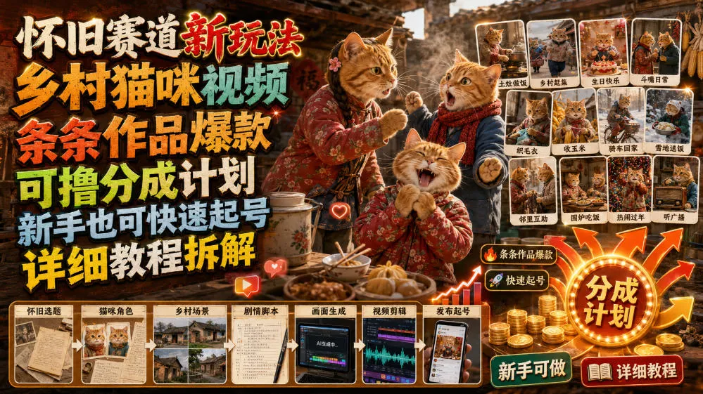 怀旧赛道新玩法,乡村猫咪视频,条条作品爆款,可撸分成计划,新手也可快速起号,详细教程拆解 - 网创在线