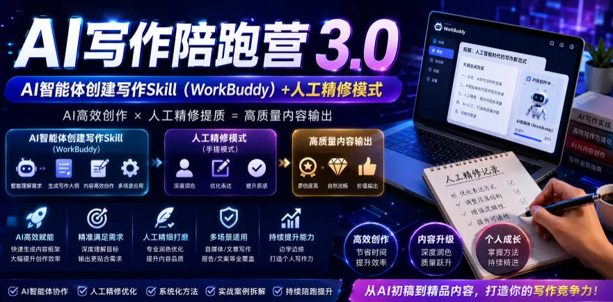 AI写作陪跑营3.0,Ai智能体创建写作skill(workbuddy)+人工手写模式(手搓模式),去除AI痕迹(头条号、公众号、百家号)(更新0730) - 网创在线