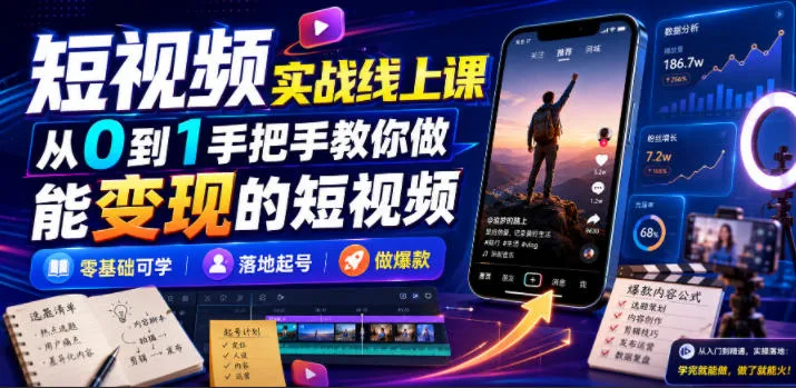 短视频实战线上课，从0到1手把手教你做能变现的短视频，零基础可学，落地起号做爆款 - 网创在线