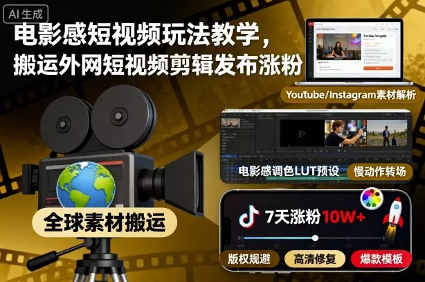 电影感短视频玩法教学，搬运外网短视频剪辑发布涨粉 - 网创在线