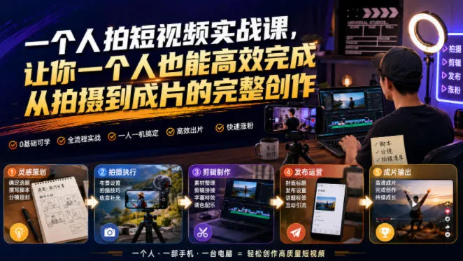 一个人拍短视频实战课，让你一个人也能高效完成从拍摄到成片的完整创作 - 网创在线