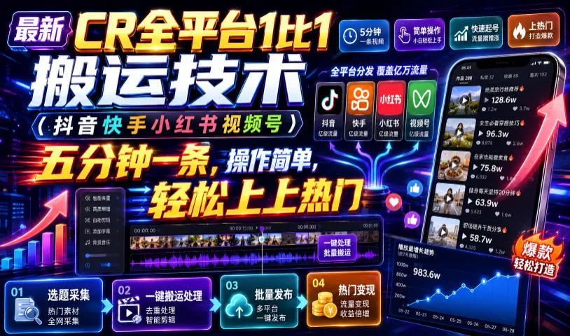 最新CR全平台1比1搬运技术（抖音快手小红书视频号）五分钟分钟一条，操作简单，轻松上热门（教程+软件+参数） - 网创在线