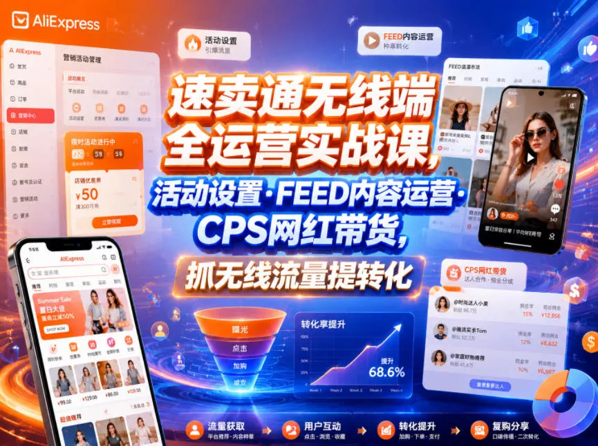 速卖通无线端全运营实战课，活动设置・FEED内容运营・CPS网红带货，抓无线流量提转化 - 网创在线