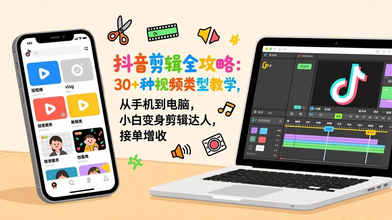 抖音剪辑全攻略：30+种视频类型教学，从手机到电脑，小白变身剪辑达人，接单增收 - 网创在线