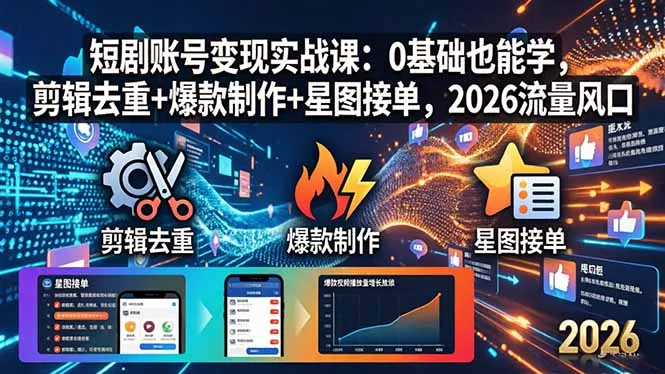 短剧账号变现实战课：0基础也能学，剪辑去重+爆款制作+星图接单，2026流量风口 - 网创在线