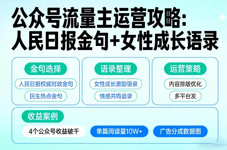 利用人民日报金句+女性成长语录做公众号流量主，4个公众号收益破千 - 网创在线