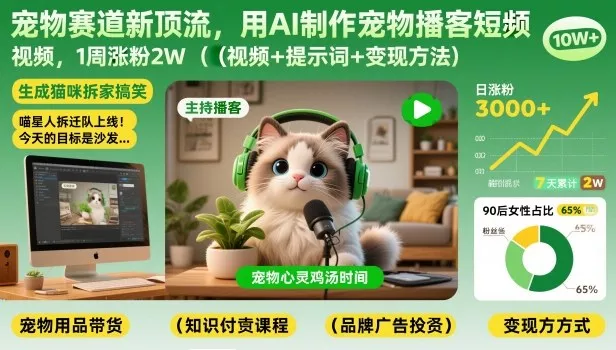 宠物赛道新顶流，用AI制作宠物播客短视频，1周涨粉2W(视频+提示词+变现方法) - 网创在线