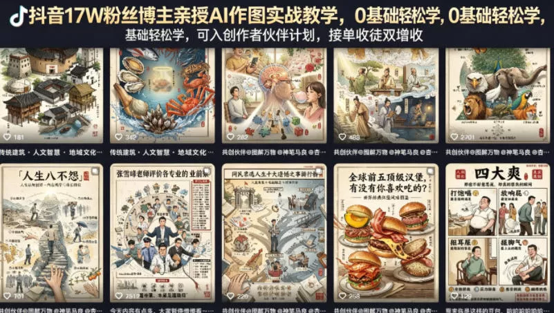 抖音17W粉丝博主亲授AI作图实战教学，0基础轻松学，可入创作者伙伴计划，接单收徒双增收 - 网创在线