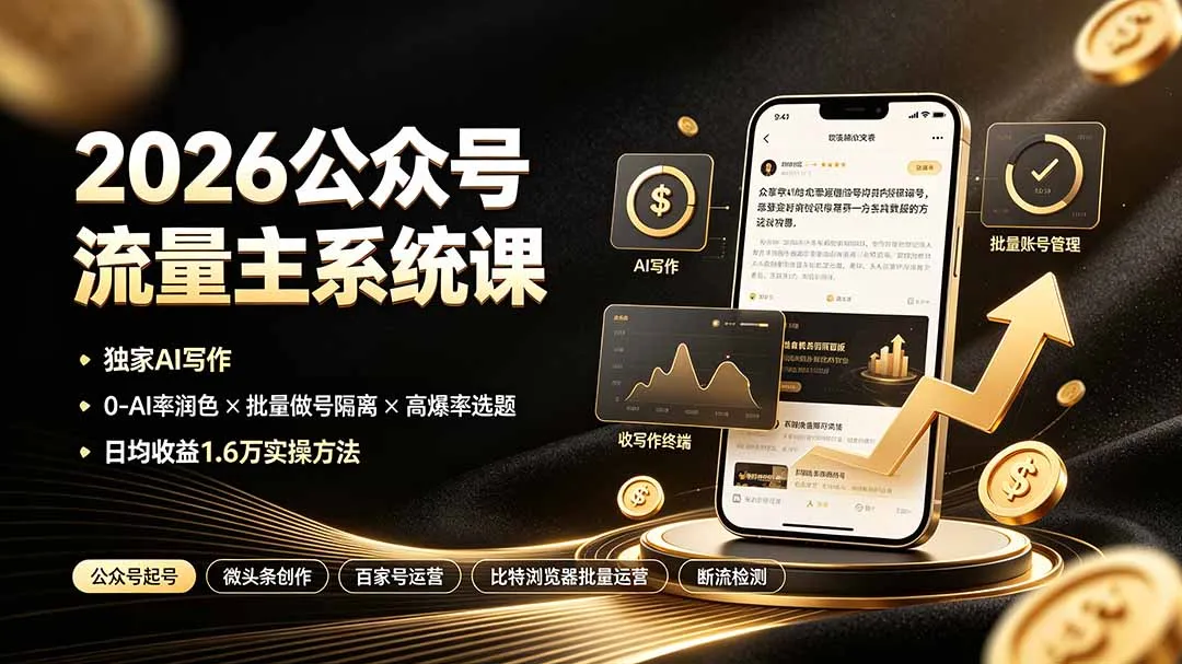 2026公众号流量主系统课：独家AI写作×0-AI率润色×批量做号隔离×高爆率选题，日均收益1.6万实操方法 - 网创在线