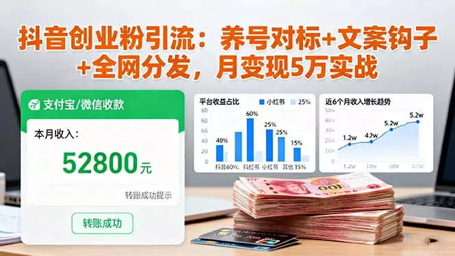 抖音创业粉引流：养号对标+文案钩子+全网分发，月变现5万实战 - 网创在线