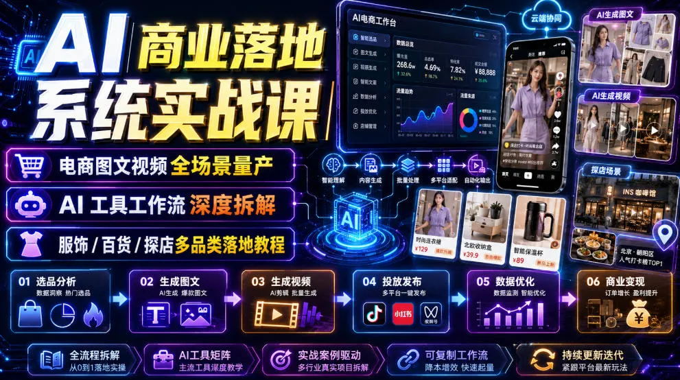 AI商业落地系统实战课｜电商图文视频全场景量产・AI工具工作流深度拆解・服饰/百货/探店多品类落地教程 - 网创在线