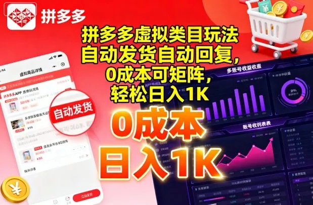 拼多多虚拟类目玩法，自动发货自动回复，0成本可矩阵，轻松日入1K【揭秘】 - 网创在线