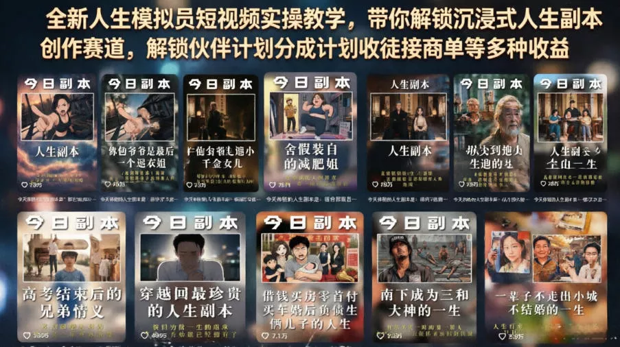 全新人生模拟员短视频实操教学，带你解锁沉浸式人生副本创作赛道，解锁伙伴计划分成计划收徒接商单等多种收益 - 网创在线