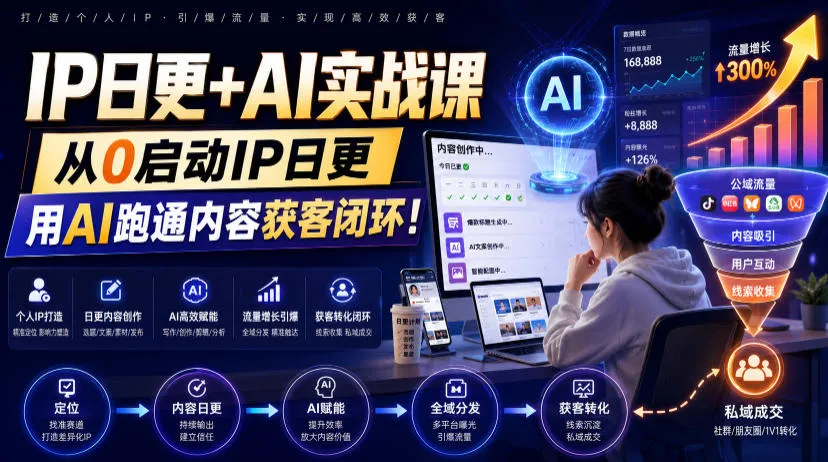 IP日更+AI实战课，从0启动IP日更，IP置顶视频制作+100条选题库搭建+10条日更规划，用AI跑通内容获客闭环! - 网创在线