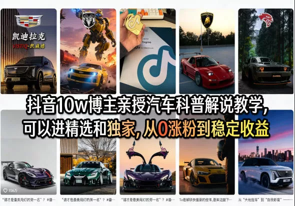 抖音10w博主亲授汽车科普解说教学，可以进精选和独家，从0涨粉到稳定收益(详细视频课程+1T素材) - 网创在线