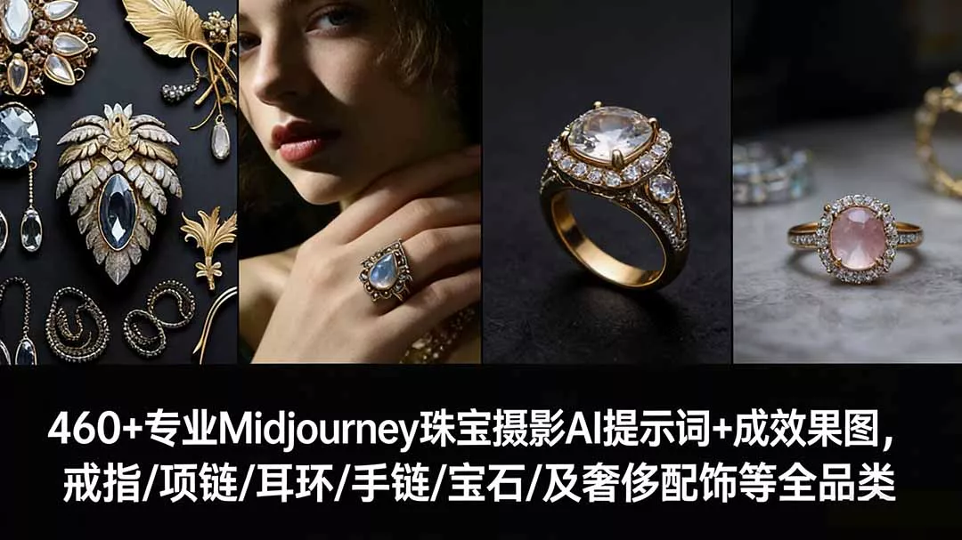 460+专业Midjourney珠宝摄影AI提示词+成效果图，戒指/项链/耳环/手链/宝石/及奢侈配饰等全品类 - 网创在线