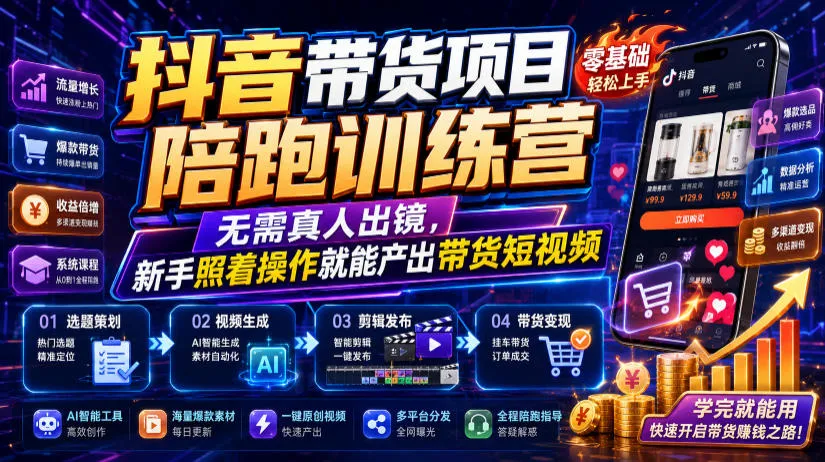 抖音带货项目陪跑训练营，无需真人出镜，新手照着操作就能产出带货短视频 - 网创在线