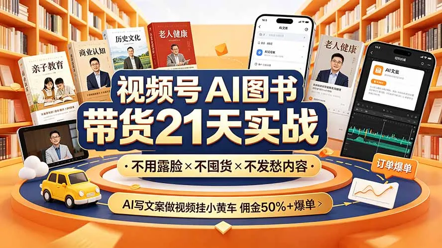视频号AI图书带货21天实战:不用露脸×不囤货×不发愁内容,AI写文案做视频挂小黄车,佣金50%+爆单 - 网创在线