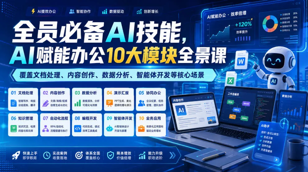 全员必备AI技能，AI赋能办公10大模块全景课，覆盖文档处理、内容创作、数据分析、智能体开发等核心场景 - 网创在线